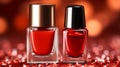 A single Solitary glamorous red nail polish on a red background Royalty Free Stock Photo