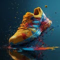 A single sports sneaker floating in the air, with bright multicolored splashes of paint and multicolored drops of paint