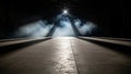 Dramatic spotlight illuminates dense smoke creating strong geometric shadows on a concrete floor in a dark empty space Royalty Free Stock Photo