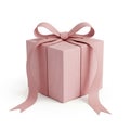 A pink gift box with a large ribbon bow and hanging streamers on a white background present Royalty Free Stock Photo
