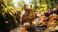 A single squirrel Sciurus vulgaris jumping in the forest at summer day