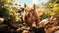 A single squirrel Sciurus vulgaris jumping in the forest at summer day