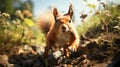 A single squirrel Sciurus vulgaris jumping in the forest at summer day