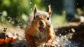 A single squirrel Sciurus vulgaris jumping in the forest at summer day