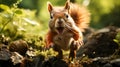 A single squirrel Sciurus vulgaris jumping in the forest at summer day