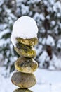 Single stack of snow covered round rocks in a peaceful snowy zen garden Royalty Free Stock Photo