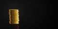Single stacks of gold money coins on dark black background, wealth, savings or finance concept with copy space