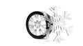 Single, standing car tire over white background with abstract snowflake standing next to it, winter tire or snow tire concept Royalty Free Stock Photo