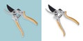 single steel gardening scissor with wooden grip for pruned or plants, vegetable and flowers garden work. Pruning of vineyard or