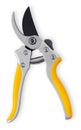 single steel gardening scissor with yellow grip for pruned of plants, vegetable and flowers garden work. Pruning of vineyard or