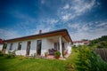 Single storey private house wide angle image, hdr colors, outside view with garden in summer