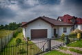 Single storey private house wide angle image, hdr colors, outside view with garden in summer