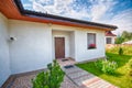 Single storey private house wide angle image, hdr colors, outside view with garden in summer