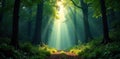 Single, strong beam of sunlight breaking through dense forest canopy, creating an angelic shaft of light on a mossy forest floor. Royalty Free Stock Photo