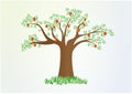 Single summer tree with green leaves and red fruit, vector, horizontal