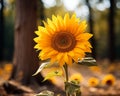 a single sunflower in the middle of a field