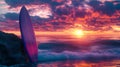 A single surfboard leaning against a rock, with a colorful sunset Royalty Free Stock Photo