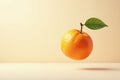 A single suspended citrus fruit with a single leaf, against a pale background. Generative AI Royalty Free Stock Photo