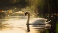 Single swan is swimming on the lake.