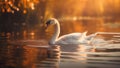 Single swan is swimming on the lake at sunset.