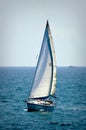 Single tall sailboat at sea. Closeup.