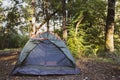 Single tent for rest in the autumn forest. Kemp. Journey for Recovery