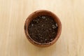 A single terracotta pot has been filled with seed raising mix, waiting for a seed
