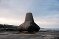 Single Tetrapod on the road near the sea, close-up. Tetrapod breakwaters. Tetrapod formwork on the shore