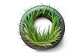 Single tire placed on a white background with blades of green grass surrounding it. The image is meant to convey the