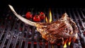 Single tomahawk rib steak on hot grill Royalty Free Stock Photo