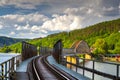 Single track railway bridge over the Vltava river Royalty Free Stock Photo