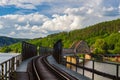 Single track railway bridge over the Vltava river Royalty Free Stock Photo