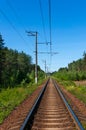 Single track railway line on a clear sunny day. Perspective view Royalty Free Stock Photo