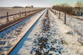 Single track train rails in a snowy polder landscape Royalty Free Stock Photo