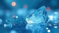 A single, translucent ice chunk rests on a cool, reflective surface, surrounded by smaller ice fragments and shimmering water Royalty Free Stock Photo