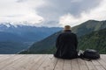 Single traveler watching on mountains landscape, By Mestia, Georgia