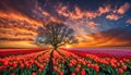 Single tree on a field full of colorful tulips Royalty Free Stock Photo