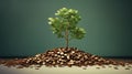 Single tree grow with vigor atop a mound of gleaming coins