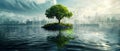 a single tree grows on a small island in the middle of a flooded city Royalty Free Stock Photo