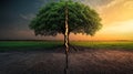 A single tree split into vibrant life and desolate decay, with a glowing crack dividing its trunk. AI Generated. Royalty Free Stock Photo