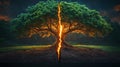 A single tree split into vibrant life and desolate decay, with a glowing crack dividing its trunk. AI Generated. Royalty Free Stock Photo