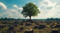 A Single Tree Standing Among Numerous Tree Stumps in a Deforested Area Royalty Free Stock Photo