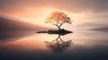 Ethereal Illustration Of A Lone Tree At Sunset By The Water