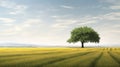 A Single Tree in a Vast Open Field Landscape Background AI Generative Royalty Free Stock Photo