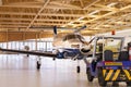 Single turboprop aircraft Pilatus PC-12 in hangar. Stans, Switzerland, 29th November 2010.