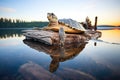 single turtle on a half-submerged log at sunrise