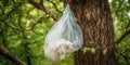A single-use plastic bag tangled in a tree, illustrating the pervasiveness of pollution, concept of Environmental Royalty Free Stock Photo