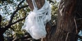 A single-use plastic bag tangled in a tree, illustrating the pervasiveness of pollution, concept of Environmental Royalty Free Stock Photo