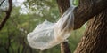 A single-use plastic bag tangled in a tree, illustrating the pervasiveness of pollution, concept of Environmental Royalty Free Stock Photo