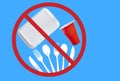 Single use plastic cutlery, styrofoam takeaway boxes and plastic glass on a blue background. Concept: Ban single use plastic items Royalty Free Stock Photo